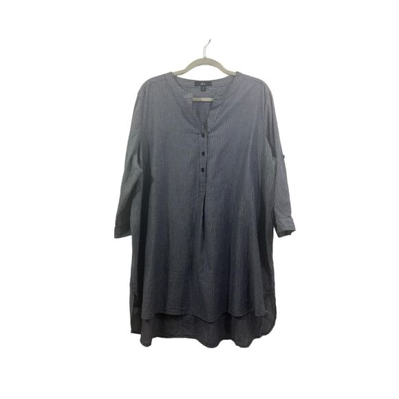 Ellos Women Tunic Shirt Plus Size 22/24 -1X Charcoal Gray White Striped Roll Tab - Picture 1 of 14
